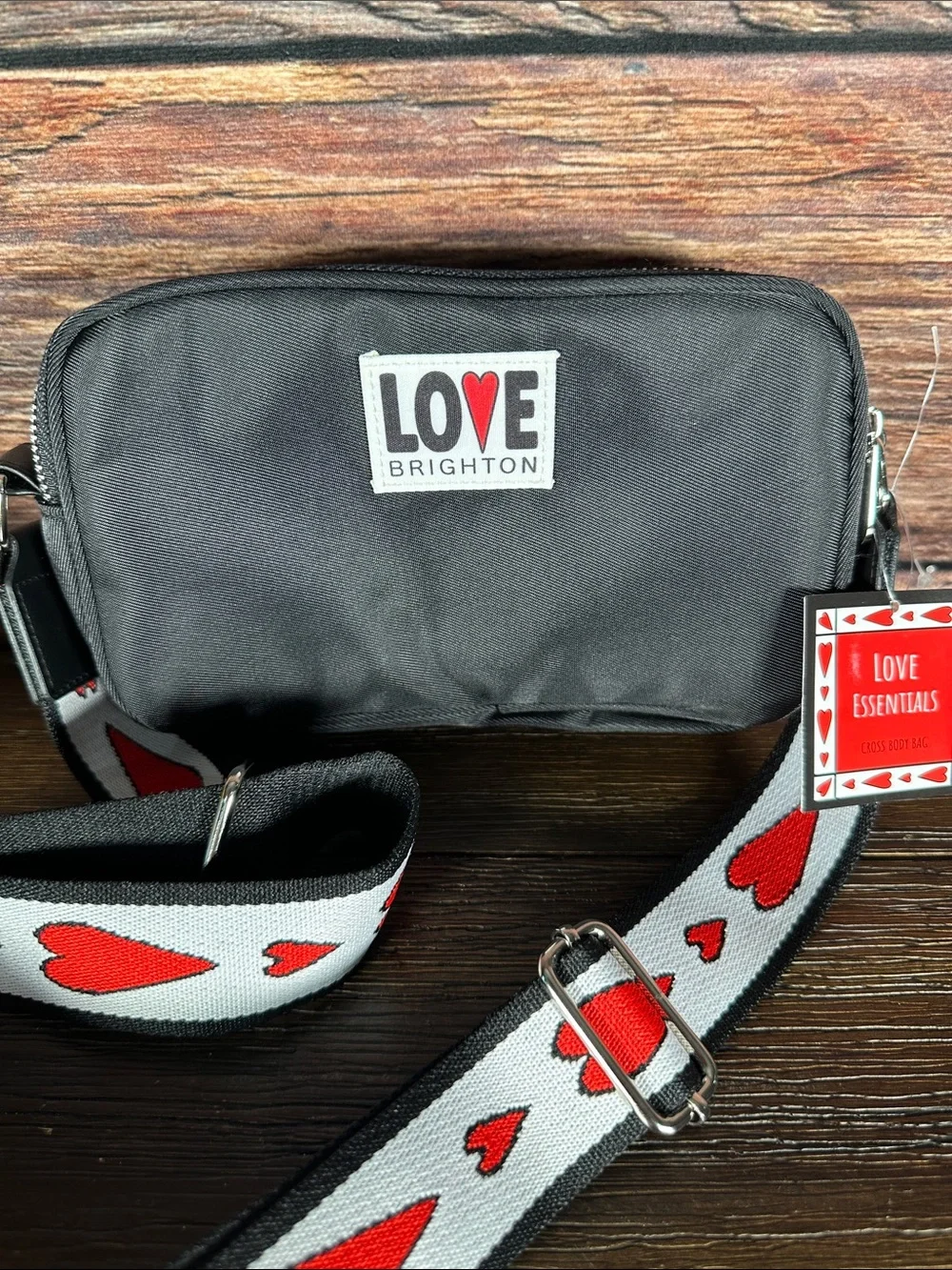 Brighton Love Essentials Black Crossbody with White Strap and Red Hearts